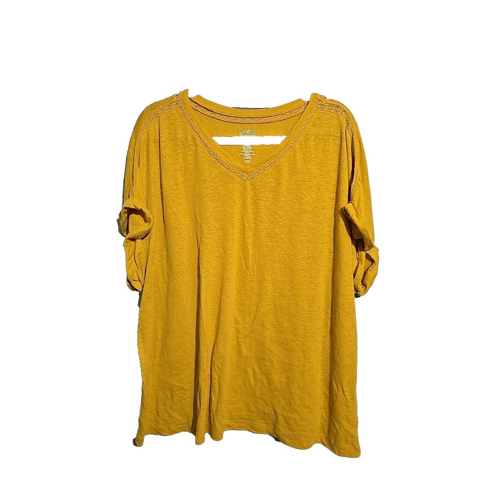 Croft & Barrow Yellow V-Neck Linen Blend Knit Short Sleeve Top Womans Size 2X